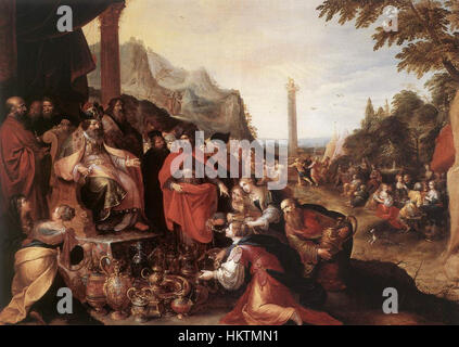 Frans II. Francken stellt in der Verehrung des Goldenen Kalbes die biblische Szene aus Exodus dar und veranschaulicht die Götzenschaft der Israeliten. Dieses Gemälde erforscht religiöse Themen der Sünde und Versuchung, mit lebhaften Farben und dramatischer Beleuchtung typisch für den Barockstil. Stockfoto