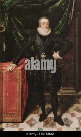 Dieses Porträt von Frans Pourbus II. Zeigt Heinrich IV., König von Frankreich, in schwarzem Kleid. Das Gemälde unterstreicht das königliche Aussehen des Monarchen und den Stil eines französischen Hofporträts aus dem 16. Jahrhundert. Stockfoto