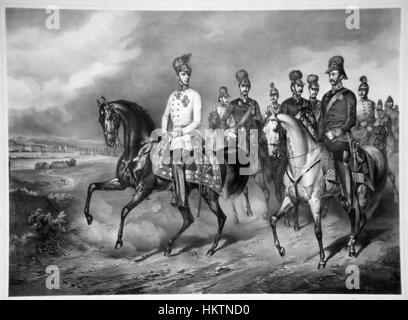 Die Lithografie mit dem Titel „Franz Joseph I. E. Kaiser 14“ zeigt ein Porträt von Kaiser Franz Joseph I., einem der längsten Monarchen der europäischen Geschichte. Dieses Kunstwerk spiegelt die traditionellen lithographischen Techniken dieser Zeit wider und fängt das Gleichnis des Kaisers in einem sehr detaillierten und formalen Stil ein. Sie repräsentiert die historische Bedeutung der Habsburgermonarchie in Europa. Stockfoto