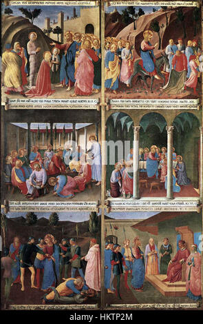 Ein Detail aus Fra Angelico's *Gemälden für das Armadio degli Argenti*, das seine religiöse Ikonographie und die Verwendung lebendiger Farben und komplizierter Details zeigt, die typisch für seinen Stil der frühen Renaissance sind. Stockfoto