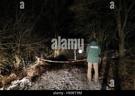 Arnstein, Deutschland. 29. Januar 2017. Ein Polizist steht in der Nähe von privaten Räumlichkeiten in der Nähe von Arnstein, Deutschland, 29. Januar 2017. Ein betroffenen Vater entdeckt die Leichen von sechs Jugendlichen am Sonntagmorgen, einschließlich seinen eigenen Kindern. Die Jugendlichen zwischen 18 und 19 Jahre alt statt eine private Party im Sommerhaus, wo sie gefunden wurden am nächsten Morgen liegen. Die Kriminalpolizei hat ihre Arbeit bereits aufgenommen. Foto: Daniel Karmann/Dpa/Alamy Live News Stockfoto