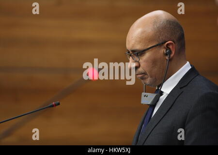 Bukarest, Rumänien. 30. Januar 2017. Harlem Désir, französischer Staatssekretär für europäische Angelegenheiten spricht auf einer Pressekonferenz. Bildnachweis: Gabriel Petrescu/Alamy Live-Nachrichten Stockfoto