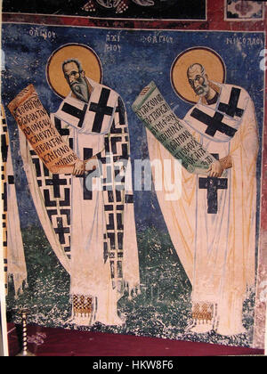 Das Fresko in der St. Georgs Kirche in Kurbinovo (9. Jahrhundert) stellt byzantinische religiöse Kunst dar, mit lebendigen Darstellungen von Heiligen und biblischen Szenen. Das Fresko ist ein bedeutendes Beispiel mittelalterlicher orthodoxer christlicher Kunst. Stockfoto