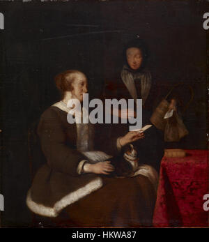 „The Note“ von Gabriel Metsu ist ein Ölgemälde, auf dem eine Frau einen Brief liest, ein Moment, der das intime häusliche Leben im Holland des 17. Jahrhunderts einfängt. Metsus Geschick in der Darstellung von Licht und Textur verleiht dieser Alltagsszene ein Gefühl von ruhiger Eleganz. Stockfoto