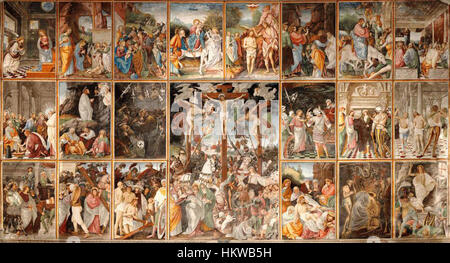 Gaudenzio Ferraris „Storie Cristo Varallo 2“ ist Teil einer Reihe von Fresken, die das Leben Christi illustrieren. Dieses Fresko befindet sich im Sacro Monte di Varallo und zeigt die Meisterschaft des Künstlers in der religiösen Kunst, mit Schwerpunkt auf der detaillierten Darstellung biblischer Szenen. Stockfoto