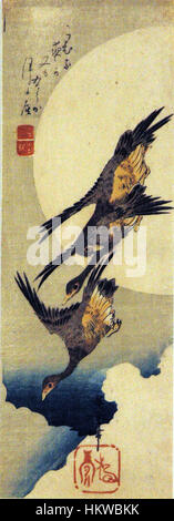 Dieses Bild zeigt einen dramatischen Moment, in dem Gänse über den Vollmond fliegen. Die natürliche Szene unterstreicht die Schönheit der Tiere in Bewegung unter einem hellen Mondhimmel. Stockfoto