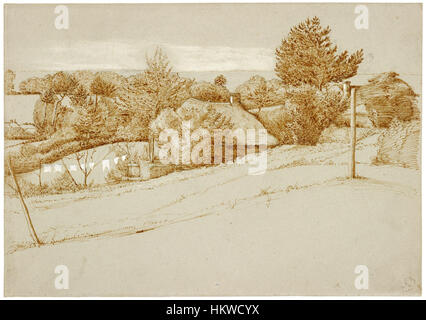 George Richmonds Gemälde „A walded Landscape with a Cottage“ aus den 1820er Jahren zeigt eine ruhige ländliche Szene mit einem Cottage in einer waldreichen Umgebung. Das Stück veranschaulicht die britische Landschaftskunst des frühen 19. Jahrhunderts und betont die Harmonie zwischen Natur und menschlicher Wohnkultur. Stockfoto
