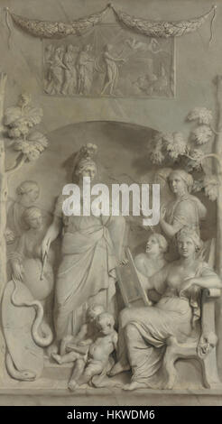 Gerard de Lairesses Allegorie op de Wetenschappen ist ein Ölgemälde, das allegorisch den Triumph des menschlichen Wissens darstellt. Das Werk veranschaulicht die Erfahrung des Künstlers in der barocken Porträtmalerei und seine Beherrschung in der Darstellung intellektueller Themen. Stockfoto