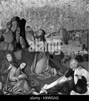 Dieser deutsche Altaraufsatz, der im Walters Art Museum gefunden wurde, stellt Christus im Garten Getsemani dar, ein bedeutender Moment in der Passion Christi. Das Gemälde fängt die emotionale Intensität der Szene ein. Stockfoto