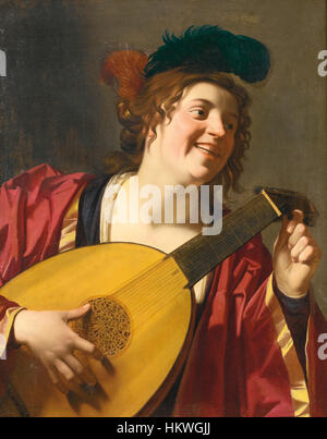 „A Woman Tuning a Lute“ von Gerrit van Honthorst, gemalt zwischen 1590 und 1656, fängt den ruhigen Moment einer Frau ein, die ein Musikinstrument stimmt. Das Werk spiegelt die Beherrschung des Lichts und Schattens wider, ebenso wie seine Fokussierung auf intime, alltägliche Momente. Stockfoto
