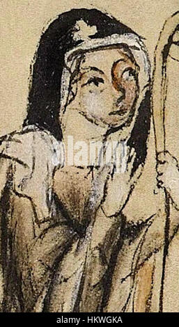 Das Detail „Gertrude von Meranien“ aus dem Hedwig-Codex zeigt eine mittelalterliche Beleuchtung, die eine historische Adelsfigur darstellt. Der im 13. Jahrhundert entstandene Hedwig-Codex ist bekannt für seine reiche Handschriftenkunst. Stockfoto