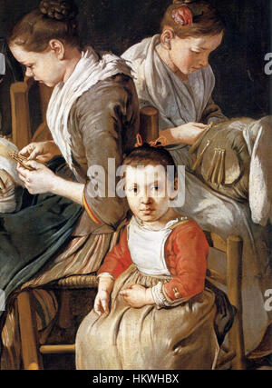 Dieses Detail aus Giacomo Cerutis Gemälde „Frauen, die an Kissenspitze arbeiten“ zeigt Frauen, die mit dem komplizierten Handwerk der Spitzenherstellung beschäftigt sind, eine traditionelle häusliche Tätigkeit im Italien des 18. Jahrhunderts. Die Szene betont die arbeitsintensive Natur des Handwerks. Stockfoto