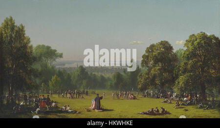 Dieses Ölgemälde von Gifford Sanford Robinson aus dem Jahr 1861 zeigt einen ruhigen Morgen im Lager des Siebten Regiments. Das Gemälde fängt die Einfachheit und Disziplin des Militärlebens während des Amerikanischen Bürgerkriegs ein. Stockfoto