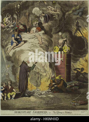 Dieser satirische Druck von James Gillray mit dem Titel „Shakespeare opfert“ verwendet Humor und scharfe politische Kommentare, um eine fiktionalisierte Version von Shakespeares Opfer darzustellen. Das 1789 gegründete Buch spiegelt die politischen Turbulenzen der Zeit und Gillrays meisterhafte Fähigkeit wider, beißende, aber humorvolle Kommentare über die politische Landschaft des späten 18. Jahrhunderts zu erstellen. Stockfoto