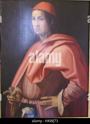 Das Gemälde „Ritratto di gentiluomo fiorentino“ von Giorgio Vasari stellt einen Adligen aus Florenz dar, der die Eleganz und Pracht des italienischen Adels aus dem 16. Jahrhundert einfängt. Stockfoto