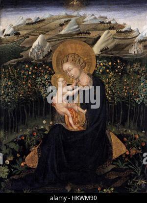 Giovanni di Paolos „Madonna der Demut“ ist ein Gemälde aus dem 14. Jahrhundert, das die Jungfrau Maria in bescheidener Haltung darstellt. Das Stück ist im Boston Museum of Art untergebracht und spiegelt die Spiritualität und den hingebungsvollen Fokus der frühen italienischen Renaissance wider. Stockfoto