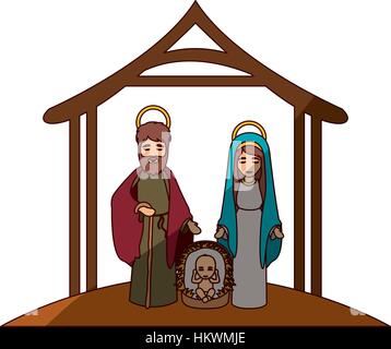 buntes Bild mit Jungfrau Maria und St. Josef und Jesus in der Krippe unter Krippe und mittleren Schatten-Vektor-illustration Stock Vektor