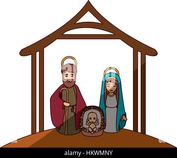 buntes Bild mit Jungfrau Maria und St. Josef und Jesus in der Krippe unter Krippe und mittleren Schatten-Vektor-illustration Stock Vektor