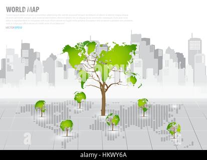 Grüne Wirtschaft-Konzept: Baum geformt Weltkarte mit dem Hintergrund erstellen. Vektor-Illustration. Stock Vektor