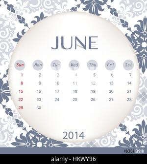 Kalender 2014, Vintage Kalendervorlage für Juni. Vektor-Illustration. Stock Vektor