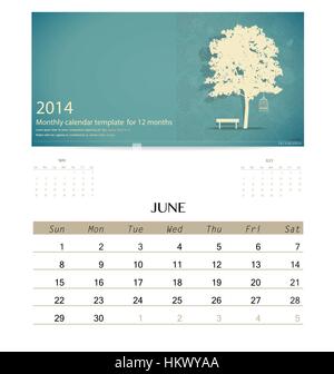 Kalender 2014, monatlichen Kalendervorlage für Juni. Vektor-Illustration. Stock Vektor