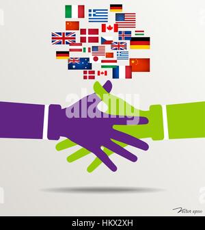 Handshake, Teamwork Hände Logo mit Flaggen Hintergrund. Vektor-Illustration. Stock Vektor