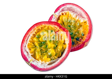Hälften der Reife Leidenschaft Früchte, Samen und Textur Stockfoto