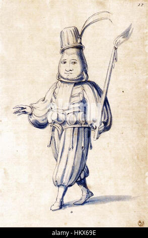 Giuseppe Arcimboldos Kostümzeichnung eines Kochs zeigt seinen einzigartigen Ansatz, menschliche Formen mit Gegenständen zu kombinieren. Arcimboldo ist bekannt für seine fantasievollen Kompositionen, bei denen häufig Gemüse, Früchte und andere Materialien verwendet werden, um anthropomorphe Figuren zu erschaffen. Stockfoto