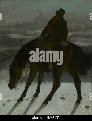 Dieses Ölgemälde von Gustave Courbet, „Hunter on Horseback“ (ca. 1864), veranschaulicht seinen realistischen Stil, indem es die raue Figur eines Jägers auf natürliche, unverschönerte Weise einfängt. Courbets Arbeit betont die direkte Beobachtung und stellt den Jäger mit viel Liebe zum Detail dar, charakteristisch für seine Darstellung der Natur und des täglichen Lebens. Stockfoto