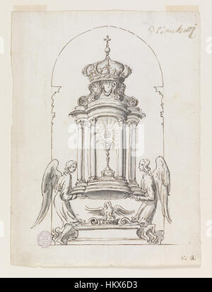 Dieser Entwurf von G B C ist eine konzeptionelle Zeichnung für eine Tabernakeltür, die in Bronze gefertigt werden soll. Das komplexe Kunstwerk zeigt religiöse Symbole und Motive, die die heilige Natur des Tabernakels darstellen. Die Liebe zum Detail und die Verwendung starker geometrischer Formen im Design spiegeln sowohl die künstlerische als auch die spirituelle Bedeutung der religiösen Handwerkskunst wider. Stockfoto