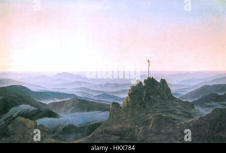 „Morgen im Riesengebirge“ von Caspar David Friedrich zeigt eine ruhige und weitläufige Berglandschaft, die Friedrichs romantischen Stil und seinen Fokus auf Natur und erhabene Schönheit zeigt. Stockfoto