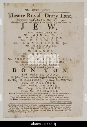 Bodleian Libraries, Theaterzettel von Drury Lane Theatre, Samstag, 17. Mai 1794, Ankündigung der Jude & c. Stockfoto