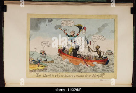 Diese Illustration, die Teil der Sammlung der Bodleian Libraries ist, zeigt Napoleon Bonapartes dramatische Rückkehr aus Elba, die humorvoll als „Boneys Rückkehr aus Hellbay“ bezeichnet wird Das Werk satirisiert Napoleons Flucht und Rückkehr an die Macht und spiegelt die politischen Spannungen der Zeit wider. Stockfoto