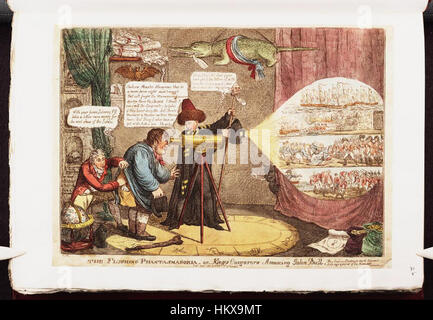 Dieses Gemälde „The Flushing Phantasmagoria or Kings Conjurors amusing John Bull“ ist eine historische Illustration, die eine satirische Szene mit britischer Politik einfängt. Es zeigt eine spielerische Einstellung der politischen Persönlichkeiten der Zeit. Stockfoto