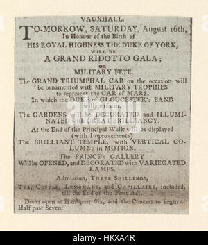 Bodleian Libraries, Vauxhall. Morgen, werden Samstag, den 16. August zu Ehren der Geburt von seiner königlichen Hoheit der Herzog von York, einer großen Ridotto Gala; oder militärischen fete Stockfoto