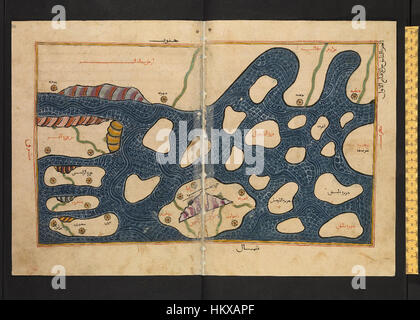 Dieses Manuskript, bekannt als das „Buch von Roger“, ist ein detaillierter historischer Text aus dem Mittelalter. Die in dieser Arbeit gezeigte Seite stammt von MS. Greaves 42 103b enthält Karten und wissenschaftliche Notizen, die Einblicke in die Geographie und das Verständnis der Welt während ihrer Zeit geben. Stockfoto