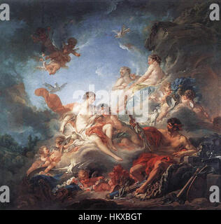 „Vulkan präsentiert Venus mit Armen für Aeneas“, gemalt von Francois Boucher, zeigt die mythologische Szene aus der Aeneid. Das Gemälde zeigt den römischen Gott Vulkan, der eine Rüstung für den Helden Aeneas schmiegt, ein bedeutender Moment der klassischen Mythologie, präsentiert in Bouchers charakteristischem Rokoko-Stil. Stockfoto