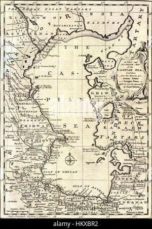 Diese 1747 von Emanuel Bowen und Sulxan-Saba Orbeliani erstellte Karte des Kaspischen Meeres bietet eine detaillierte und genaue Darstellung der Geographie des Kaspischen Meeres und der umliegenden Regionen im 18. Jahrhundert. Stockfoto