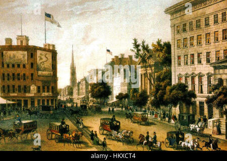 Dieses Gemälde aus dem Jahr 1848 zeigt den Broadway und das Rathaus in New York und bietet einen historischen Blick auf die Straßenlandschaft der Stadt Mitte des 19. Jahrhunderts und zeigt die Architektur und die städtische Entwicklung dieser Zeit. Stockfoto