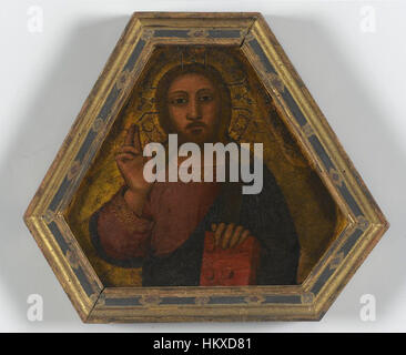 Das Gemälde „Christ Sening“ von Nardo di Cione ist ein religiöses Kunstwerk, das Christus als Segen darstellt. Das Gemälde ist eine klassische Darstellung christlicher Ikonographie, die göttliche Gnade und Spiritualität durch ihre detaillierte Ausführung betont. Stockfoto