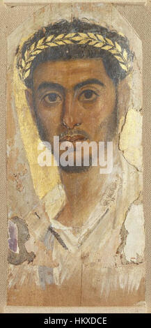 Das Fayum-Porträt eines Mannes ist ein Beispiel für ägyptische Porträts aus der römischen Zeit, die durch realistische, detaillierte Darstellungen von Individuen gekennzeichnet sind. Das Kunstwerk ist Teil der Sammlung antiker Kunst des Brooklyn Museums. Stockfoto