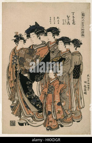 Dieser Ukiyo-e-Holzschnitt von Isoda Koryusai mit dem Titel „Hinazuru a Yoshiwara Beauty of the Tea House Chojiya with Five Attendants“ zeigt eine raffinierte Szene aus dem Yoshiwara Pleasure District in Japan der Edo-Zeit. Der Druck zeigt eine schöne Frau mit Betreuern, die Koryusais Porträtkunst und die kulturelle Bedeutung der Zeit zeigt. Stockfoto