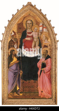 Nardo di Ciones „Madonna und Kind thront mit Heiligen“ zeigt die Madonna, die mit dem Kind sitzt und von den Heiligen Zenobius, Johannes dem Täufer, Reparata und Johannes dem Evangelisten begleitet wird, die typisch für die religiöse Kunst der Renaissance sind. Stockfoto