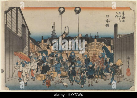 Dieser Holzschnitt von Utagawa Hiroshige mit dem Titel „Nihonbashi“ fängt eine geschäftige Straßenszene im Japan der Edo-Zeit ein und zeigt Hiroshiges Geschick in Landschaftsdarstellungen und Stadtbildern. Stockfoto