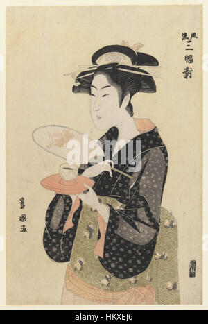 „The Tea House Beauty“ von Utagawa Toyokuni I ist ein Ukiyo-e-Druck aus der Edo-Zeit, der eine wunderschöne Geisha in einem traditionellen Teehaus zeigt. Dieser Holzschnitt fängt die Eleganz und kulturelle Raffinesse der Edo-Zeit ein und veranschaulicht die Kunst des Ukiyo-e und seinen Fokus auf japanische Schönheit, Theater und Alltag. Stockfoto