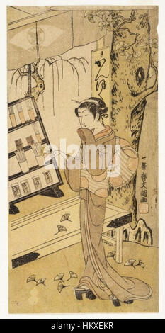 „The Zahnbürste Shop Yanagi-ya“ von Ippitsusai Buncho ist ein Holzschnitt aus der Edo-Zeit, der eine Szene eines geschäftigen Straßenmarktes in Japan darstellt. Das Bild spiegelt den Handel und das tägliche Leben während der Edo-Zeit wider und zeigt die Lebendigkeit der japanischen Kultur im frühen 19. Jahrhundert. Stockfoto