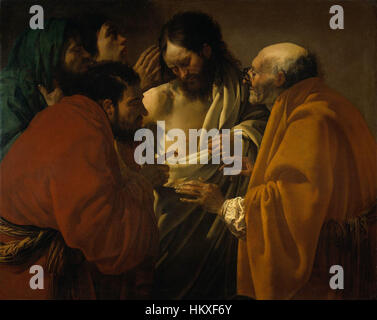 Dieses Gemälde von Hendrick ter Brugghen mit dem Titel „Zweifel an Thomas“ veranschaulicht den biblischen Moment, in dem Thomas an der Auferstehung Christi zweifelt. Die Künstlerin nutzt den Hell-Dunkel-Bereich, um die emotionale Intensität der Szene hervorzuheben. Stockfoto