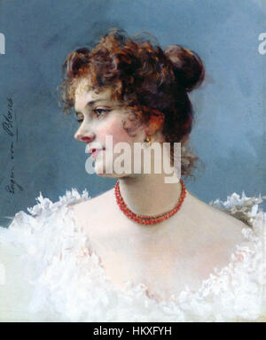 Dieses Porträt von Eugene de Blaas zeigt eine Dame in eleganter Pose, die mit Bleistift, Aquarell und Gouache erstellt wurde. Das Werk fängt sowohl die Anmut als auch die Schönheit des Motivs ein und zeigt Blaas Können in der Kombination verschiedener Medien zu einer lebendigen Darstellung. Stockfoto