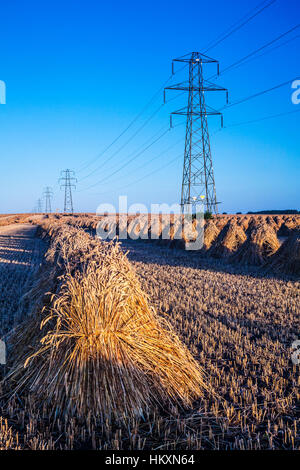 Traditionelle Stooks gegen moderne Strommasten in einem Feld in Wiltshire, UK gegenübergestellt. Stockfoto