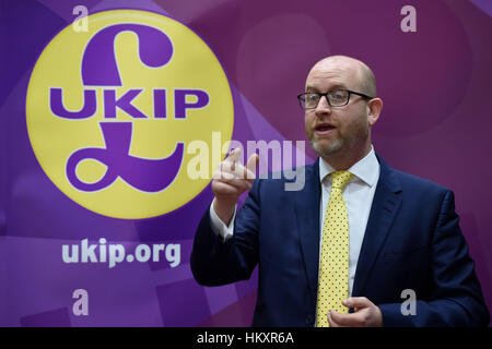 UKIP-Parteichef und zentrale Stoke-on-Trent Nachwahl Kandidat Paul Nuttall eine Hauptgesundheit Politik Rede im North Stafford Hotel in Stoke-on-Trent. Stockfoto